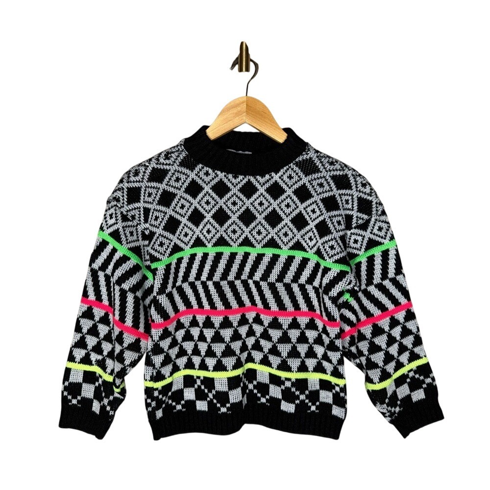 Vintage R.J. Pumpkin Neon Geometric Sweater Made USA Y2K Graphic Knit